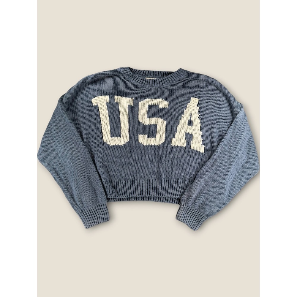 Grayson Threads Womens USA Graphic Sweater Blue Knit Crewneck Large